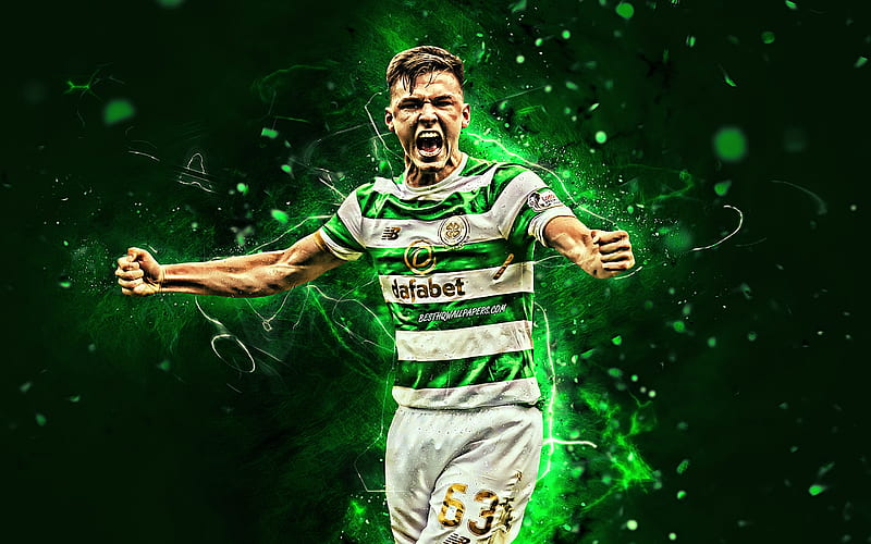 Kieran Tierney, Scottish footballers, Celtic FC, artwork, Tierney, soccer, Scottish Premiership, football, neon lights, HD wallpaper