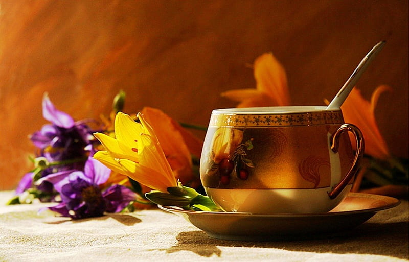 Aromatic cup of tea, aromatic, purple, flowers, yellow, cup, herbal, tea, natural, HD wallpaper