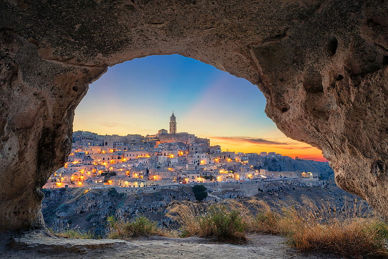 Matera, Italy, sunset, cave, houses, italy, HD wallpaper