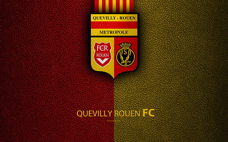 US Quevilly-Rouen FC, French football club Ligue 2, leather texture, logo, Le Petit-Keviji, France, second division, football, HD wallpaper