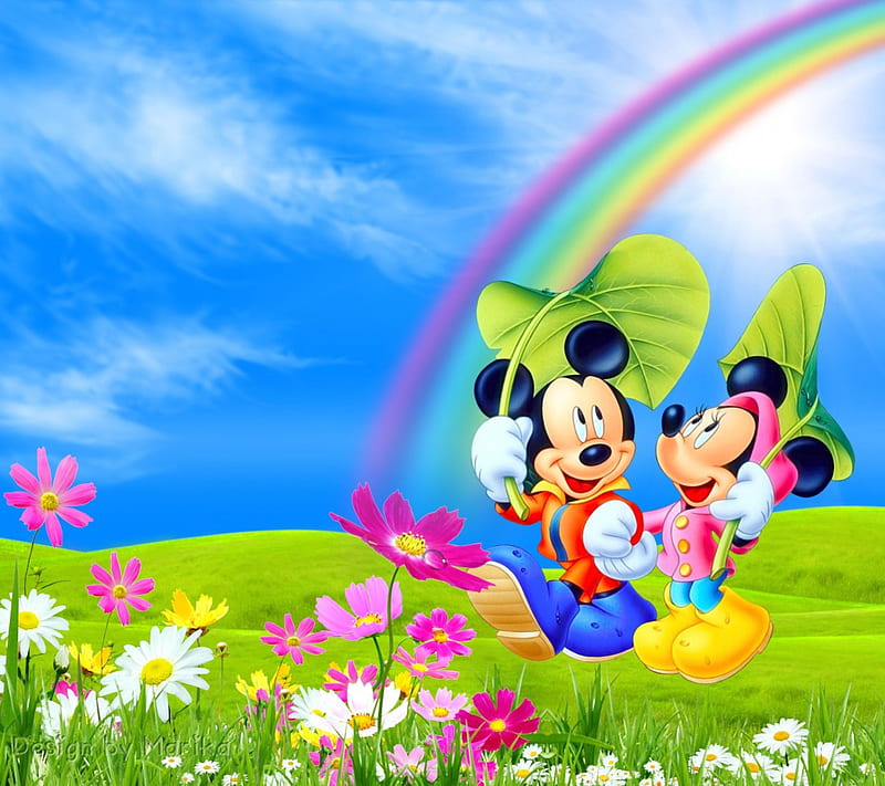 Mickey & Minnie, spring, rainbow, cartoon, mouse, love, minnie, mickey, disney, meadow, HD wallpaper