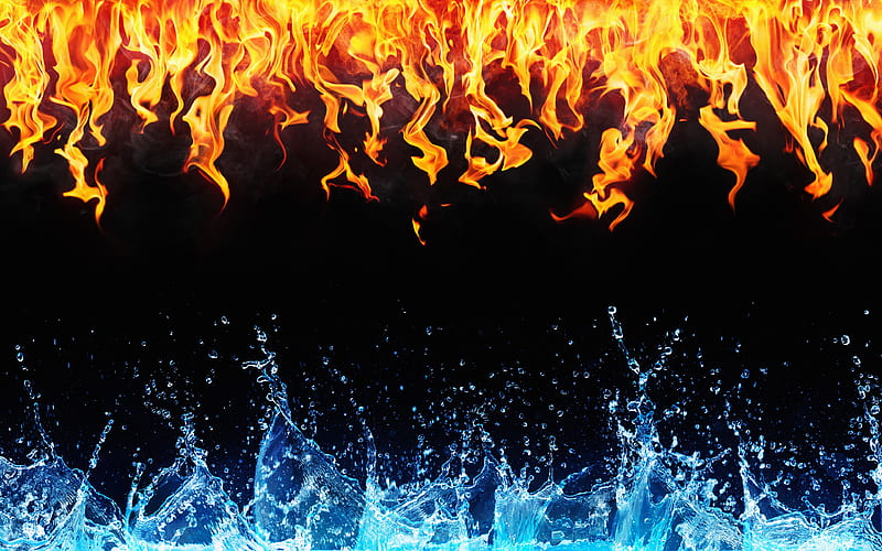fire and water, frame, creative, artwork, fire vs water, black background, HD wallpaper