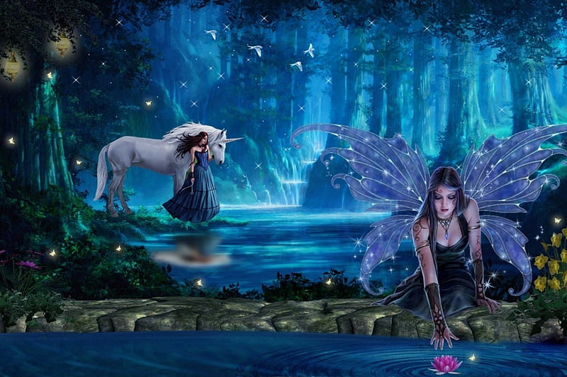 Fairy, forest, Waterfall, unicorn, HD wallpaper