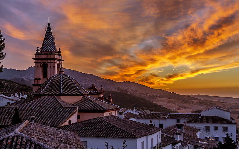Zahara de la Sierra, evening, sunset, cityscape, Cadiz, Andalusia, Spain, HD wallpaper