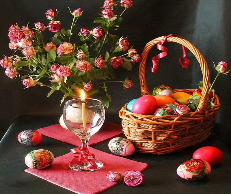 Happy Easter !, colorful, Happy Easter, napkins, background, still life, graphy, flowers, pink, light, candle, holiday, roses, abstract, glass, tabke, basket, dark, eggs, HD wallpaper