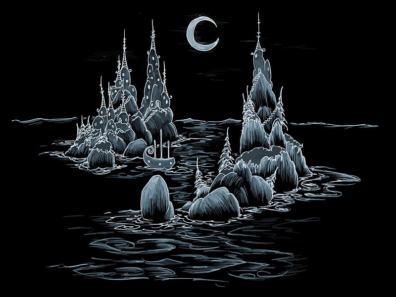 Ocean Islands under the Moon, islands, moon, dark, ocean, gris, graphics, black, HD wallpaper