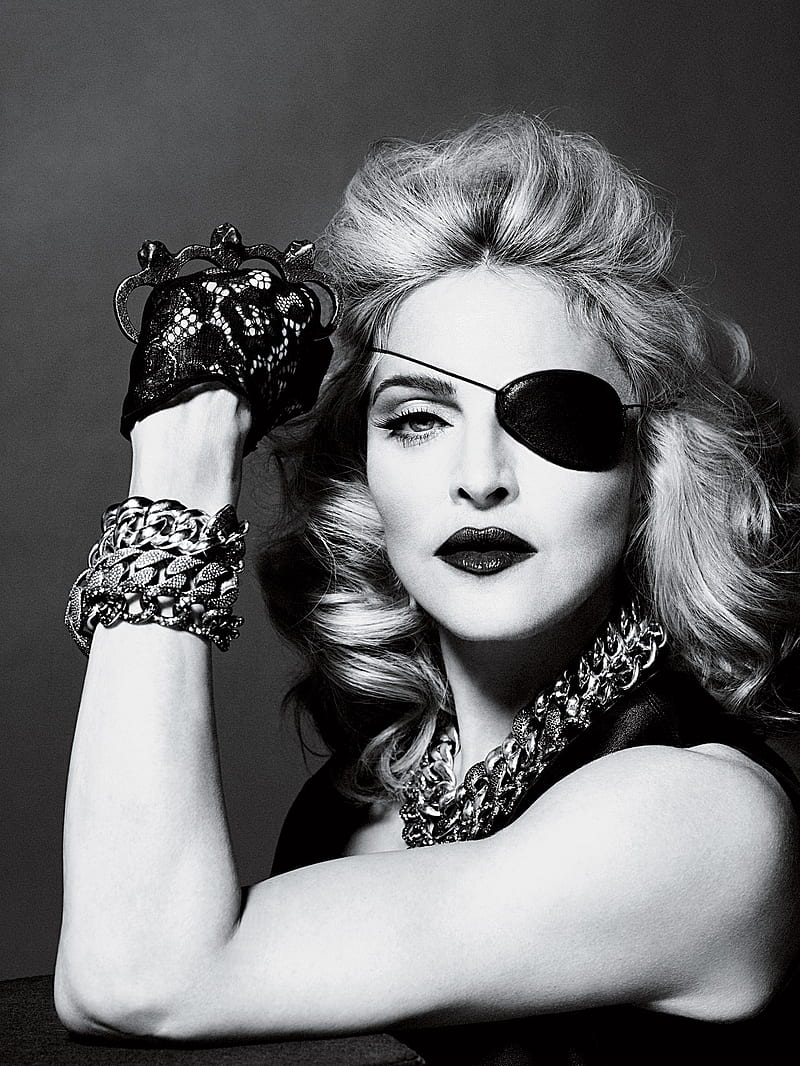 Madonna, singer, monochrome, necklace, bracelets, lipstick, eyepatches, women, HD phone wallpaper