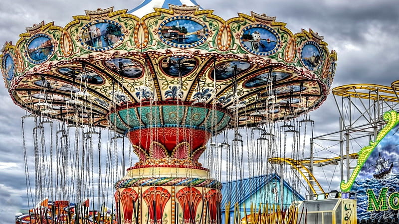 dream ride r, amusement park, paintings, r, carousel, HD wallpaper