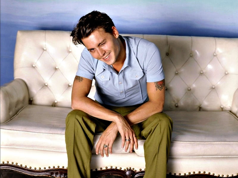Johnny Depp, young, green, man, white, sofa, actor, blue, HD wallpaper
