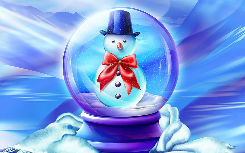 snowman in glass sphere, 3D art, christmas decorations, winter, xmas backgrounds, christmas concepts, happy new year, snowman, xmas decorations, background with snowman, HD wallpaper