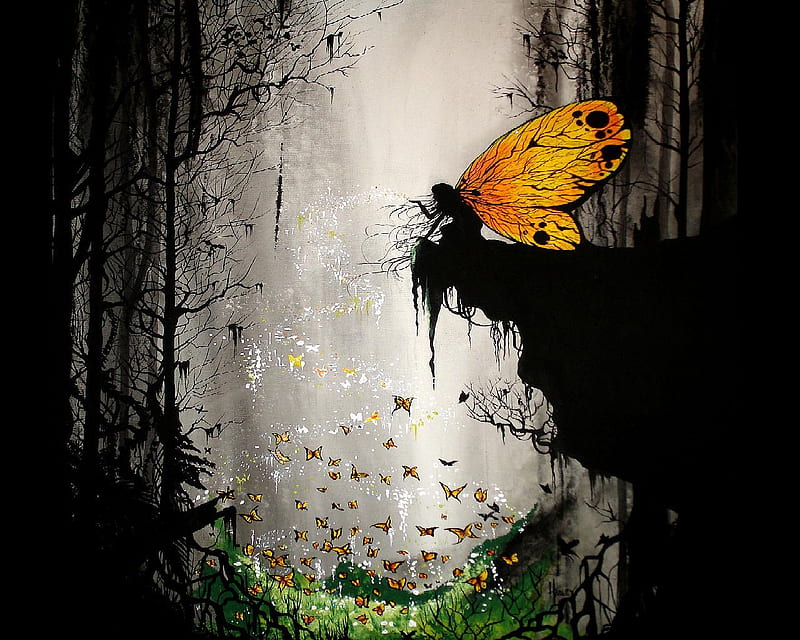 Butterfly Valley, grass, shadows, magic, butterflies, fairy, HD wallpaper
