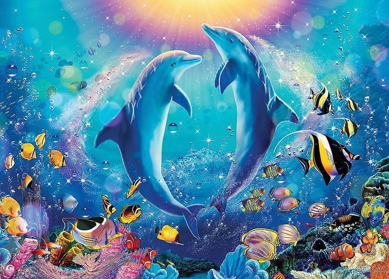 Dolphin Love, dolphin, coral, fish, sea, HD wallpaper | Peakpx