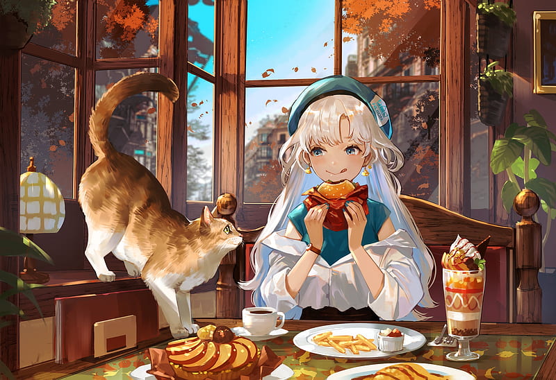 pretty anime girl, french fries, eating, cat, cozy, food, Anime, HD wallpaper