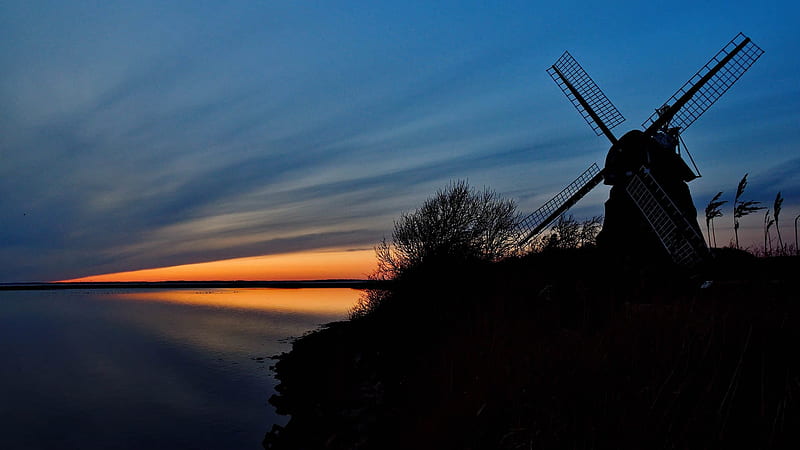 Windmill at sunset in Northern Germany, clouds, sky, lake, landscape, colors, HD wallpaper