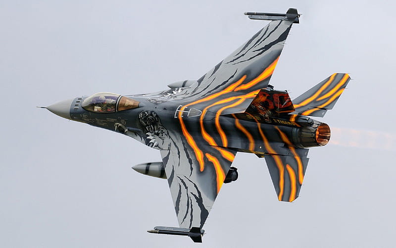 f-16 falcon as a tiger, military, paint job, plane, fighter, HD wallpaper
