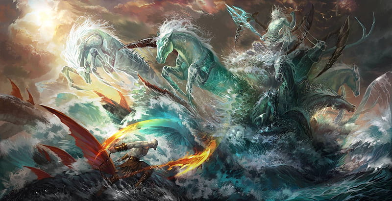 Poseidon, game, horse, storm, sea, fantasy, water, summer, fight, god, blue, HD wallpaper