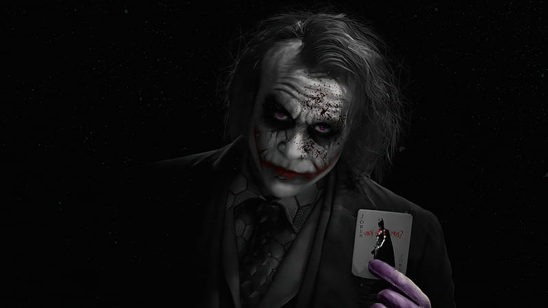 Joker Heath Ledger With Card , joker, supervillain, superheroes, artist, artwork, digital-art, monochrome, black-and-white, HD wallpaper