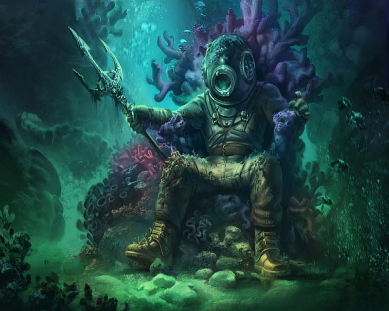 King OF The Seas, Fish, Diver, Throne, Underwater, Trident, HD wallpaper