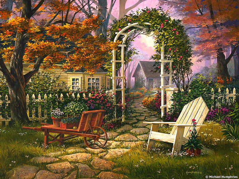 Blessings of country, fence, chair, wheelbarrow, arch, HD wallpaper