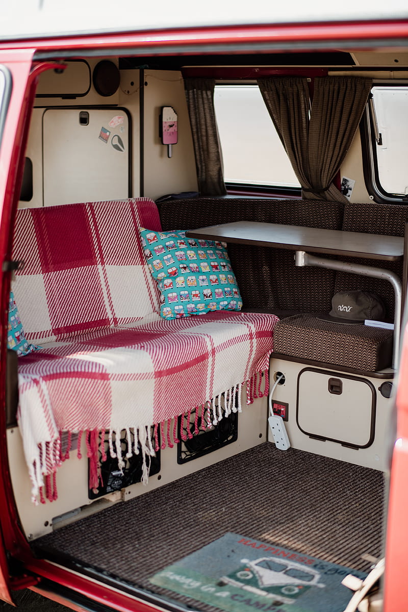van, pillow, table, plaid, interior, mobile home, HD phone wallpaper