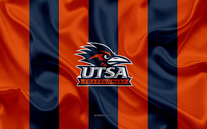 UTSA Roadrunners, American football team, emblem, silk flag, orange-blue silk texture, NCAA, UTSA Roadrunners logo, San Antonio, Texas, USA, American football, University of Texas, HD wallpaper