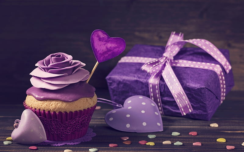 Happy Valentine's Day!, food, ribbon, box, bow, valentine, gift, sweet, dessert, card, cupcake, purple, heart, pink, HD wallpaper