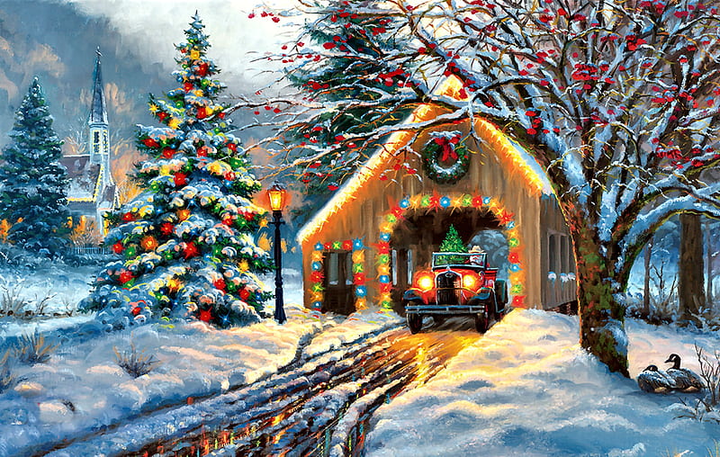 Christmas Crossing F, Christmas, art, holiday, covered bridge, December, bonito, illustration, artwork, winter, snow, bridge, painting, wide screen, occasion, scenery, HD wallpaper