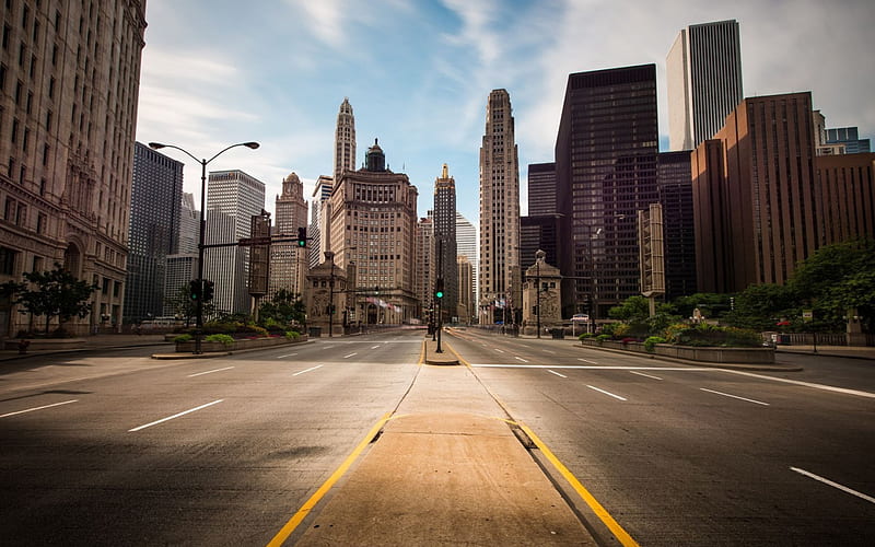 empty street of chicago, avenue, city, enpty, skyscrapers, HD wallpaper