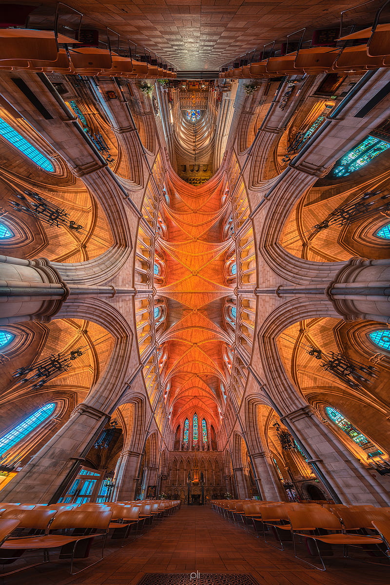 architecture, interior, cathedral, Peter Li, church, ceiling, manipulation, arch, portrait display, symmetry, wooden floor, chair, HD phone wallpaper