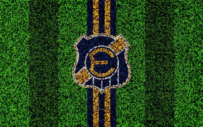 CD Everton logo, grass texture, Chilean football club, football lawn, blue yellow lines, emblem, Vina del Mar, Chile, Chilean Primera Division, football, HD wallpaper