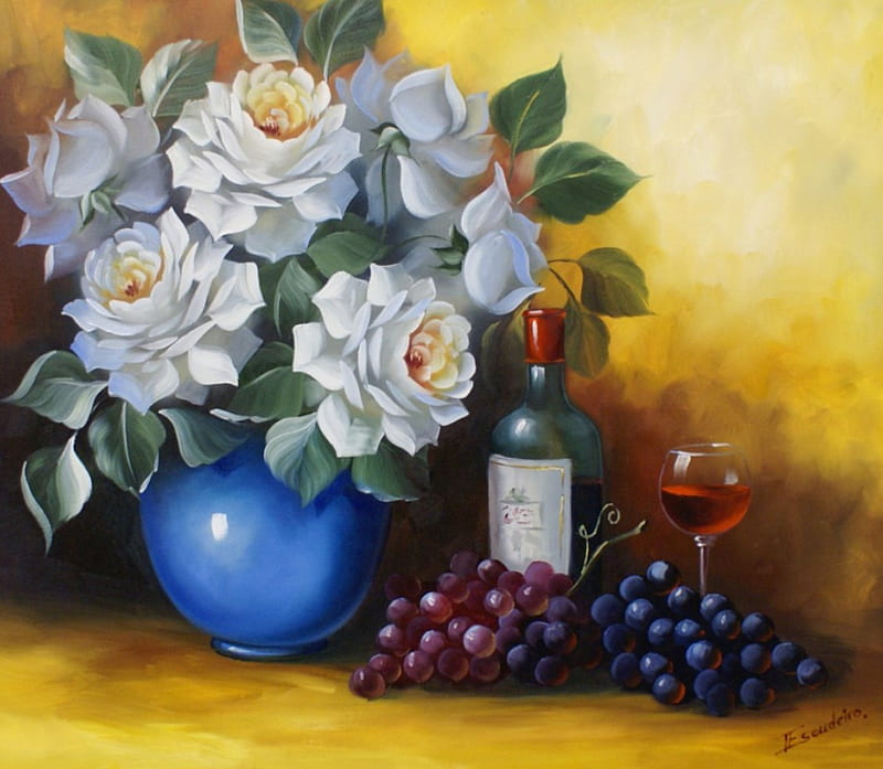 Still Life, grapes, painting, flowers, vase, nature, HD wallpaper | Peakpx