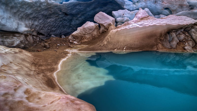 a pool of water in a glacier, dirt, ice, glacier, pool, HD wallpaper