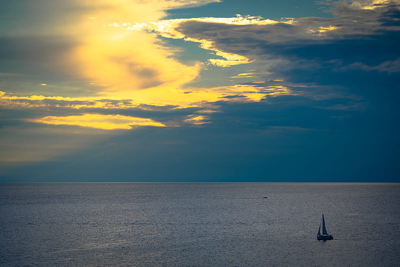 sailboat, horizon, sea, water, HD wallpaper