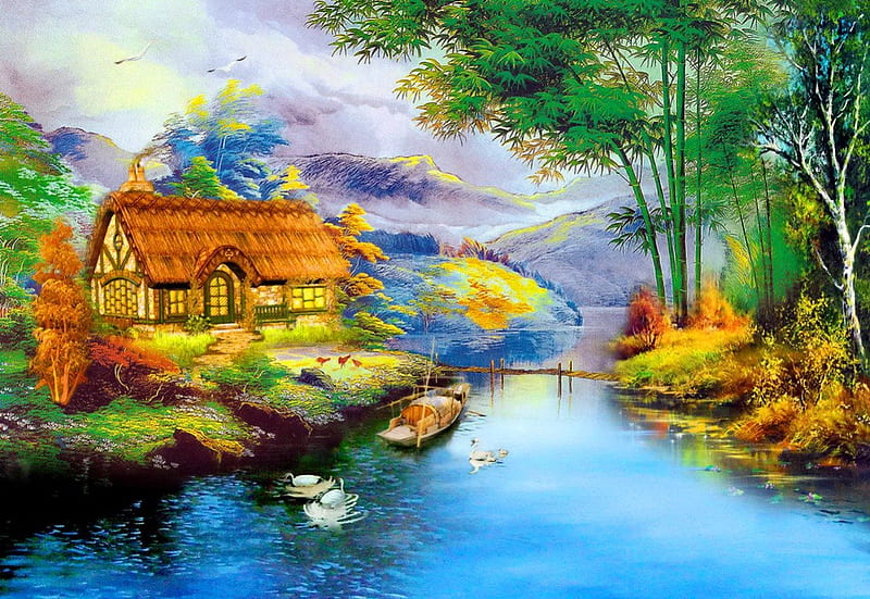 Fairytale cottage, stream, house, grass, mix, cabin, fairytale, lights, countryside, fantasy, boat, calm, village, reflection, rest, art, quiet, relax, trees, serenity, paradise, hop, colorful, cottage, painting, river, blue, place, creek, swans, lake, peaceful, summer, nature, walk, HD wallpaper