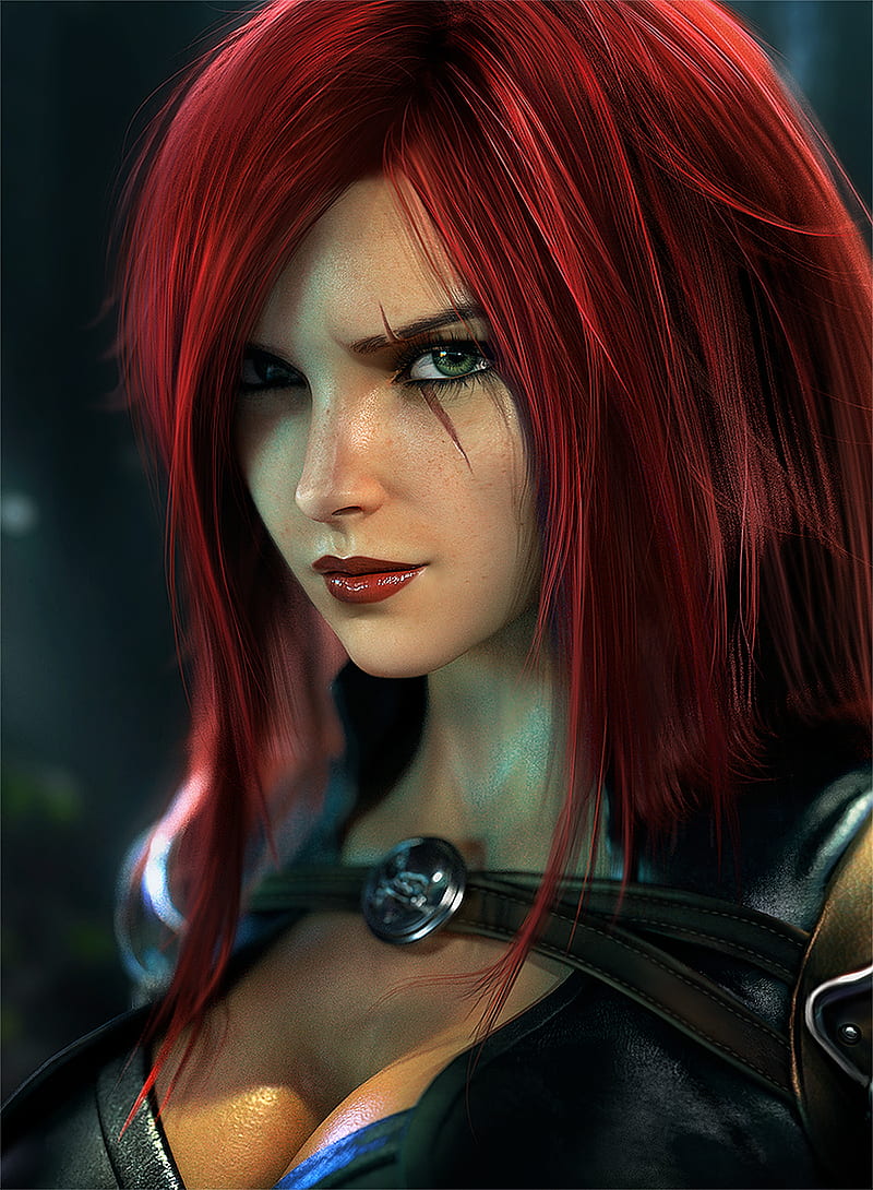 Sevenbees, CGI, women, League of Legends, katarina (league of legends), redhead, long hair, straight hair, green eyes, freckles, scars, lip gloss, lipstick, makeup, realistic, straps, armor, cleavage, portrait, red lipstick, HD phone wallpaper