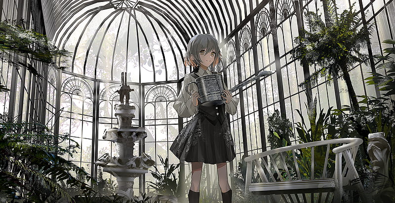 anime girl, indoors, botanical garden, short hair, Anime, HD wallpaper