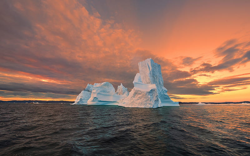 Icebergs in a northern sea at sunset, ice, sunset, icebergs, sea, HD ...