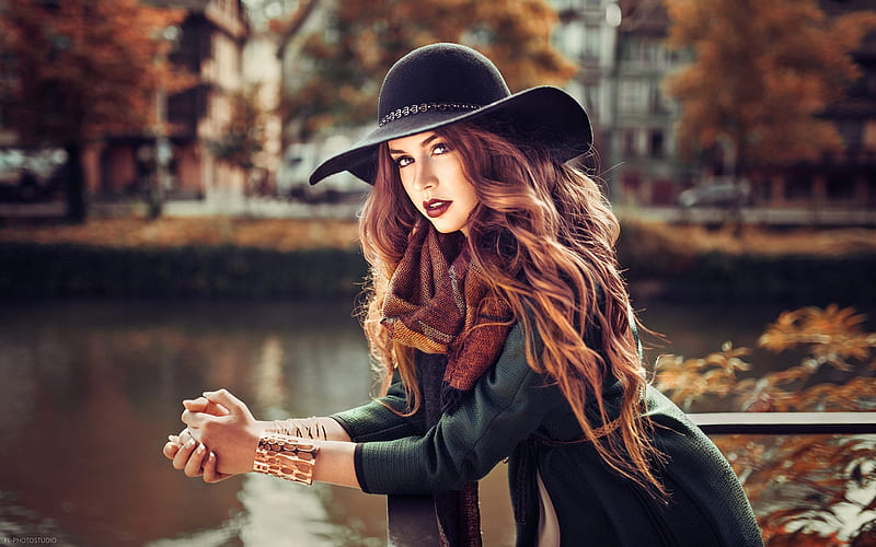 Beauty, water, girl, model, redhead, black, lods franck, woman, hat, HD wallpaper