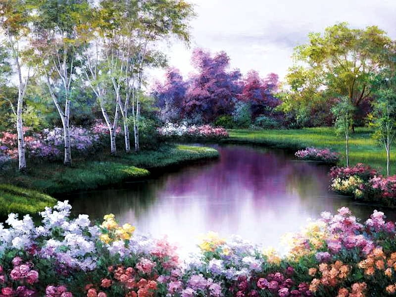 Springtime Symphonie, painting, flowers, river, trees, artwork, HD wallpaper