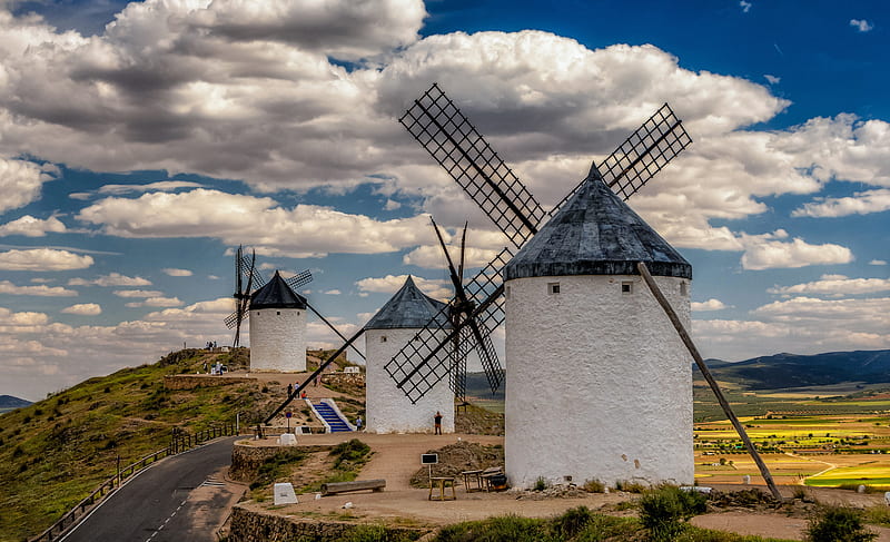 Buildings, Windmill, Road, Spain, HD wallpaper