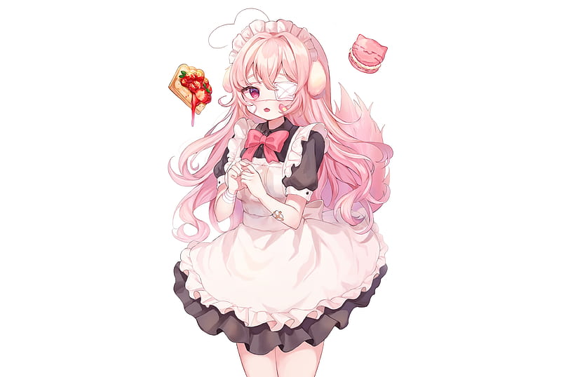 cute anime girl, maid outfit, pink hair, eyepatch, headdress, wristwear, Anime, HD wallpaper