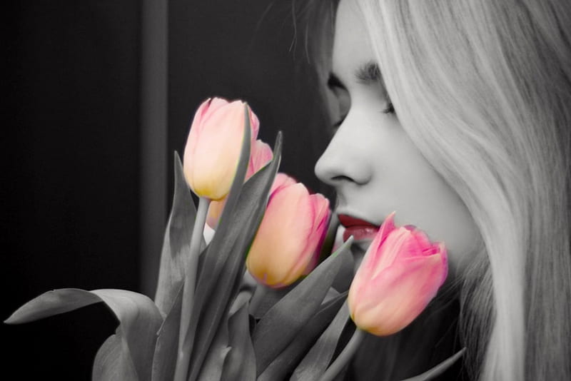 The smell of spring, GIRL, TULIPS, LIPS, HD wallpaper
