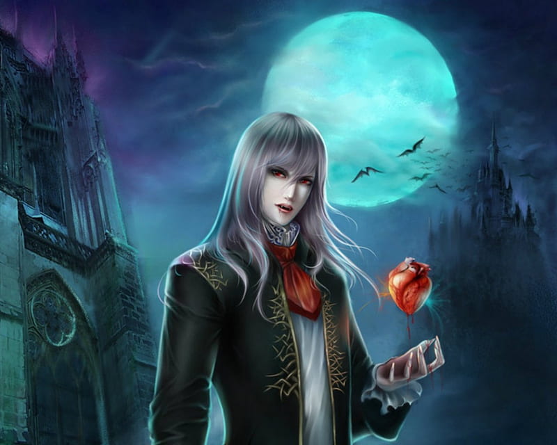 Vampire, art, fantasy, moon, Vampires, heart, HD wallpaper