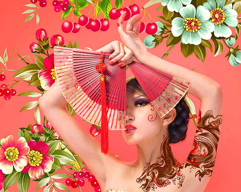 Sensation, art, girl, oriental, flowers, fan, woman, HD wallpaper
