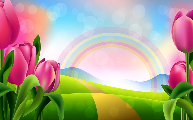 spring landscape, purple tulips, rainbow, field, spring flowers, art, HD wallpaper
