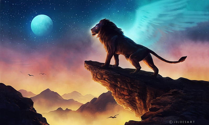 The Lion King, king, moon, colors, jungle, Lion, digital, cliff, HD wallpaper