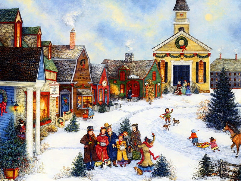 Christmas joy, family, children, bonito, nice, people, painting, village, shops, kids, playing, lovely, holiday, christmas, houses, fun, new year, joy, snowing, snow, HD wallpaper