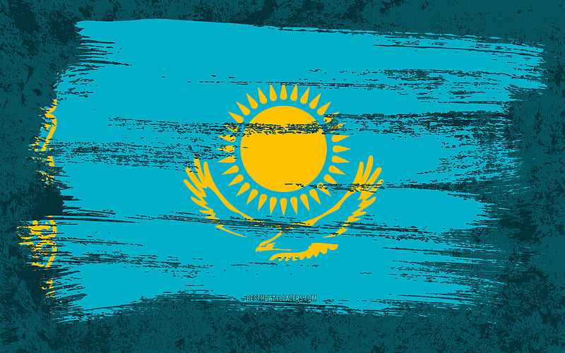 Flag of Kazakhstan, grunge flags, Asian countries, national symbols, brush stroke, Kazakh flag, grunge art, Kazakhstan flag, Asia, Kazakhstan, HD wallpaper