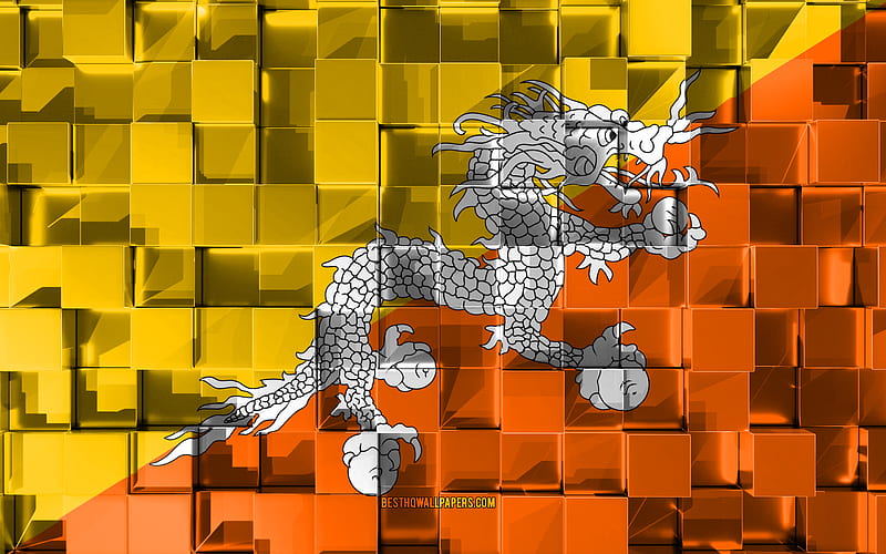 Flag of Bhutan, 3d flag, 3d cubes texture, Flags of Asian countries, 3d art, Bhutan, Asia, 3d texture, Bhutan flag, HD wallpaper