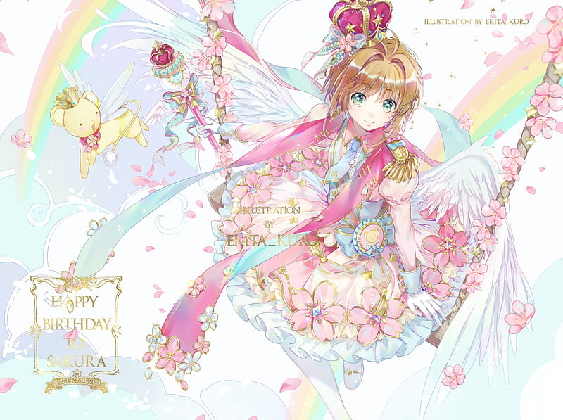 kinomoto sakura, cardcaptor sakura, wings, magic, wand, flowers, Anime, HD wallpaper